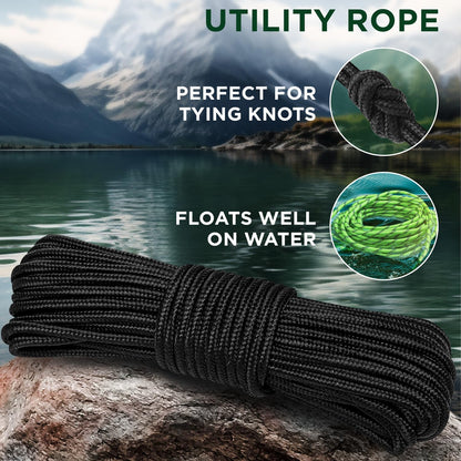 Rope – 1/4” & 3/8” – 90 FT | 150 FT – Strong All-Purpose Utility Rope – Camping, Crafting, Flag Pole, Indoor & Outdoor – Polypropylene Nylon Poly Lightweight Diamond Braided Cord – Black
