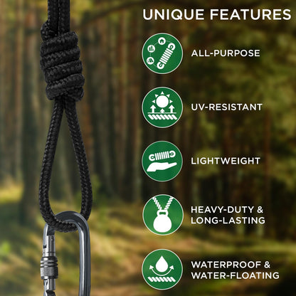 Rope – 1/4” & 3/8” – 90 FT | 150 FT – Strong All-Purpose Utility Rope – Camping, Crafting, Flag Pole, Indoor & Outdoor – Polypropylene Nylon Poly Lightweight Diamond Braided Cord – Black