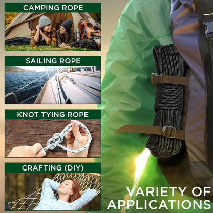 Rope – 1/4” & 3/8” – 90 FT | 150 FT – Strong All-Purpose Utility Rope – Camping, Crafting, Flag Pole, Indoor & Outdoor – Polypropylene Nylon Poly Lightweight Diamond Braided Cord – Black