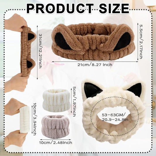 4-Piece Set Headband for Washing Face, Cute Makeup Headband & Wrist Bands to Wash Face, Skincare Headband, Spa Headband, Face Wash Wristbands, Stretchable Headbands, Perfect for Spa and Sports Use