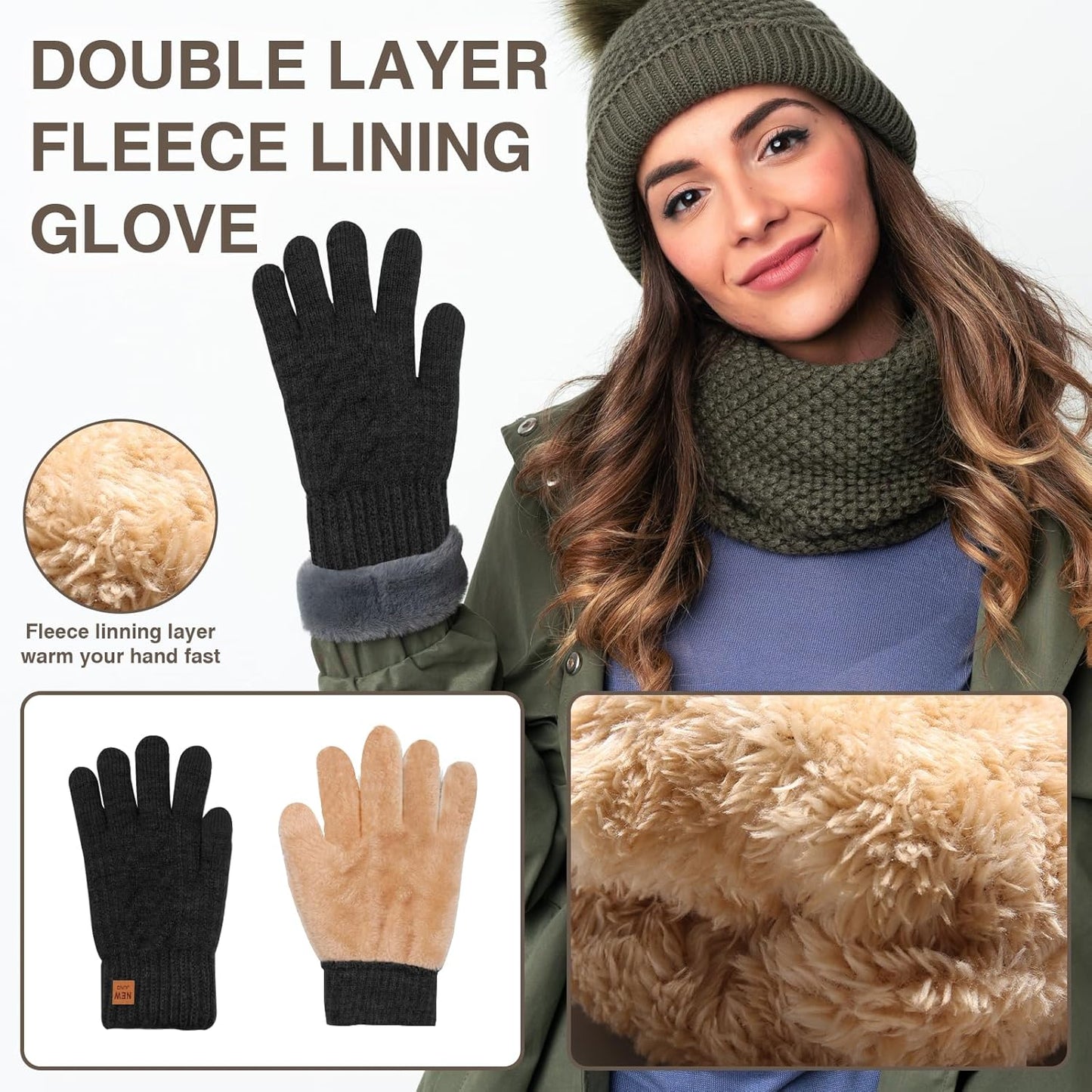 Winter Thermal Gloves Men Women, Thick Knited Touch Screen Gloves Warm Fleece Lined Gloves for Driving Running