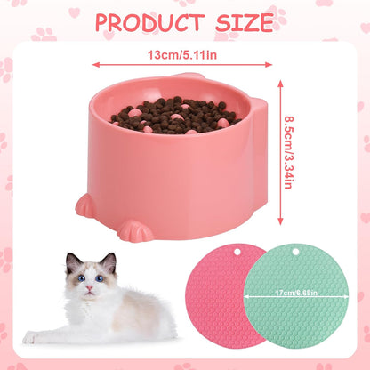 2-Pack Slow Feeder Cat Bowls, Raised Elevated Design with Anti-Slip Base & Ergonomic Neck Relief - Durable Plastic Pet Food Dishes (Pink & Green)