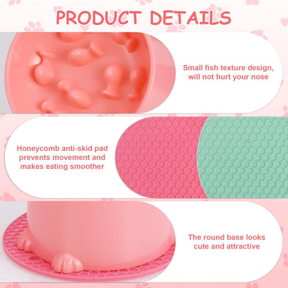 2-Pack Slow Feeder Cat Bowls, Raised Elevated Design with Anti-Slip Base & Ergonomic Neck Relief - Durable Plastic Pet Food Dishes (Pink & Green)