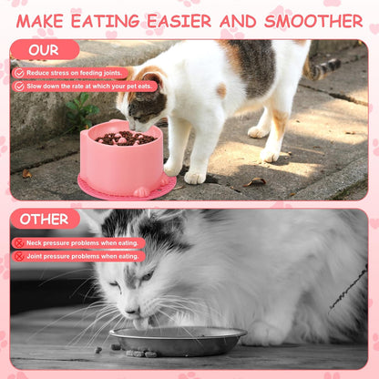 2-Pack Slow Feeder Cat Bowls, Raised Elevated Design with Anti-Slip Base & Ergonomic Neck Relief - Durable Plastic Pet Food Dishes (Pink & Green)