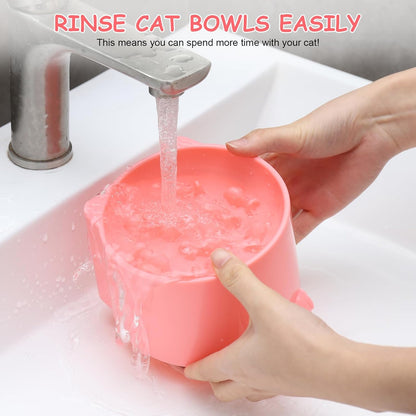 2-Pack Slow Feeder Cat Bowls, Raised Elevated Design with Anti-Slip Base & Ergonomic Neck Relief - Durable Plastic Pet Food Dishes (Pink & Green)