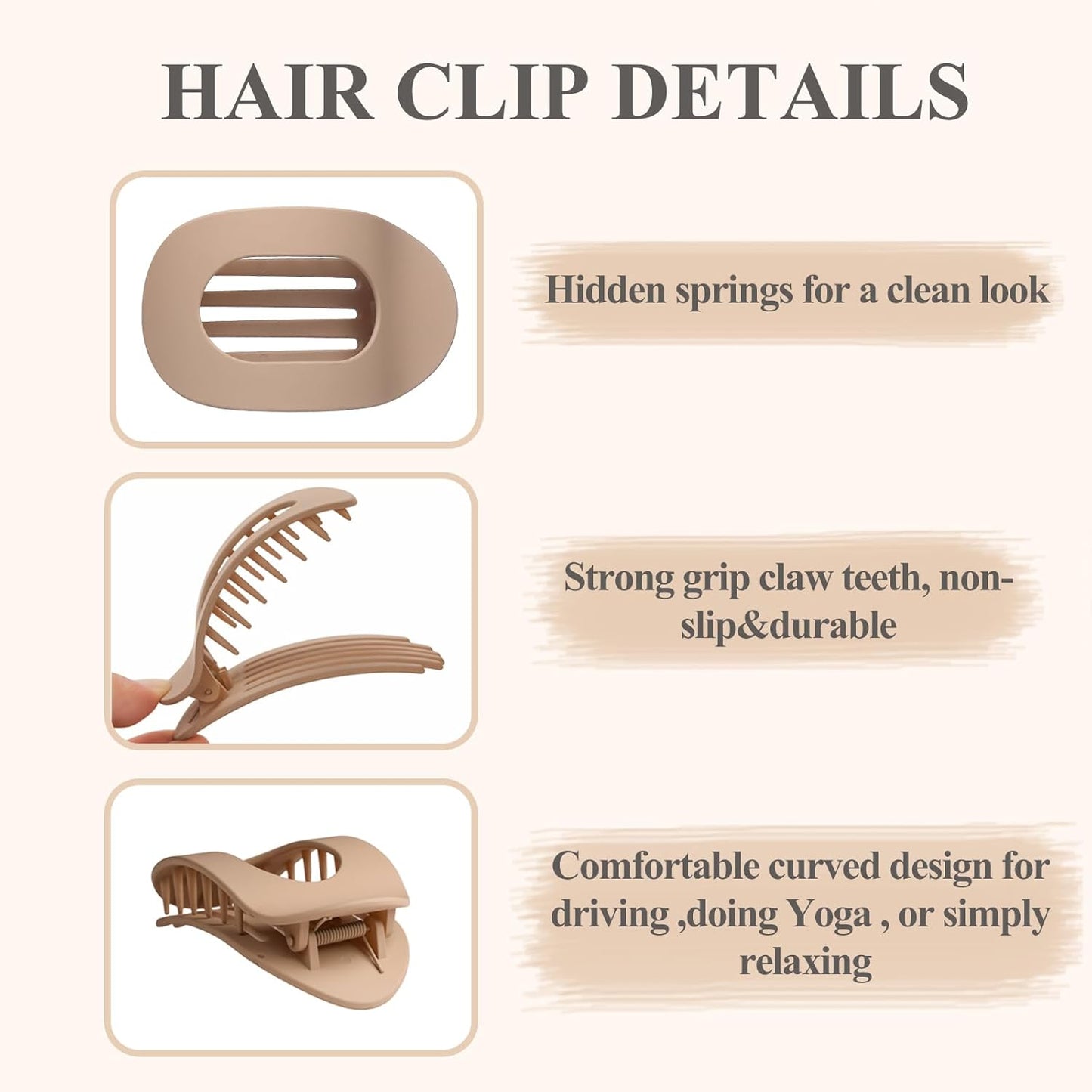 4 PCS Flat Hair Clips, Round Lay Down Claw Clips for Women Girls, French Strong Hold Hair Barrettes for Thick Thin Hair, Comfortable Curved Design - For Lying, Driving and More (Neutral Matte)