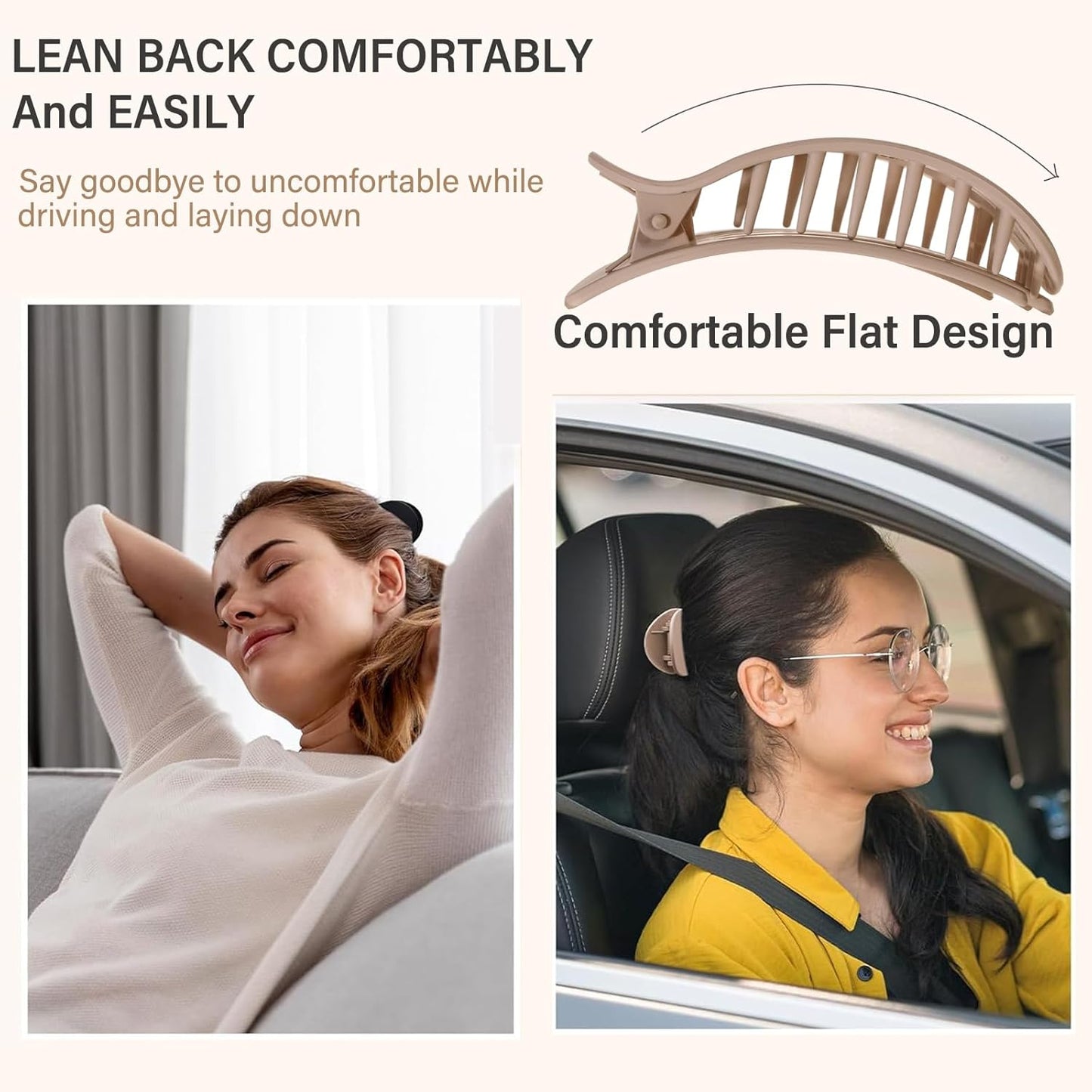 4 PCS Flat Hair Clips, Round Lay Down Claw Clips for Women Girls, French Strong Hold Hair Barrettes for Thick Thin Hair, Comfortable Curved Design - For Lying, Driving and More (Neutral Matte)