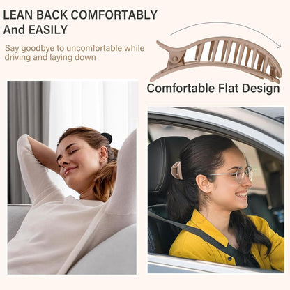 4 PCS Flat Hair Clips, Round Lay Down Claw Clips for Women Girls, French Strong Hold Hair Barrettes for Thick Thin Hair, Comfortable Curved Design - For Lying, Driving and More (Neutral Matte)