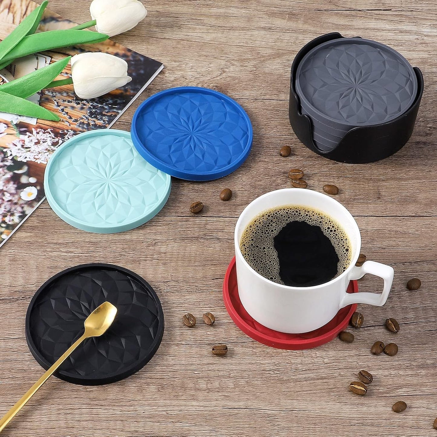 Silicone Coasters [6 Pack] Coasters with Holder - Drinking Coasters - Cup Mat for Drinks - Live for Hot or Cold Drink Thickened, Non-Slip, Non-Stick, Deep Tray Black