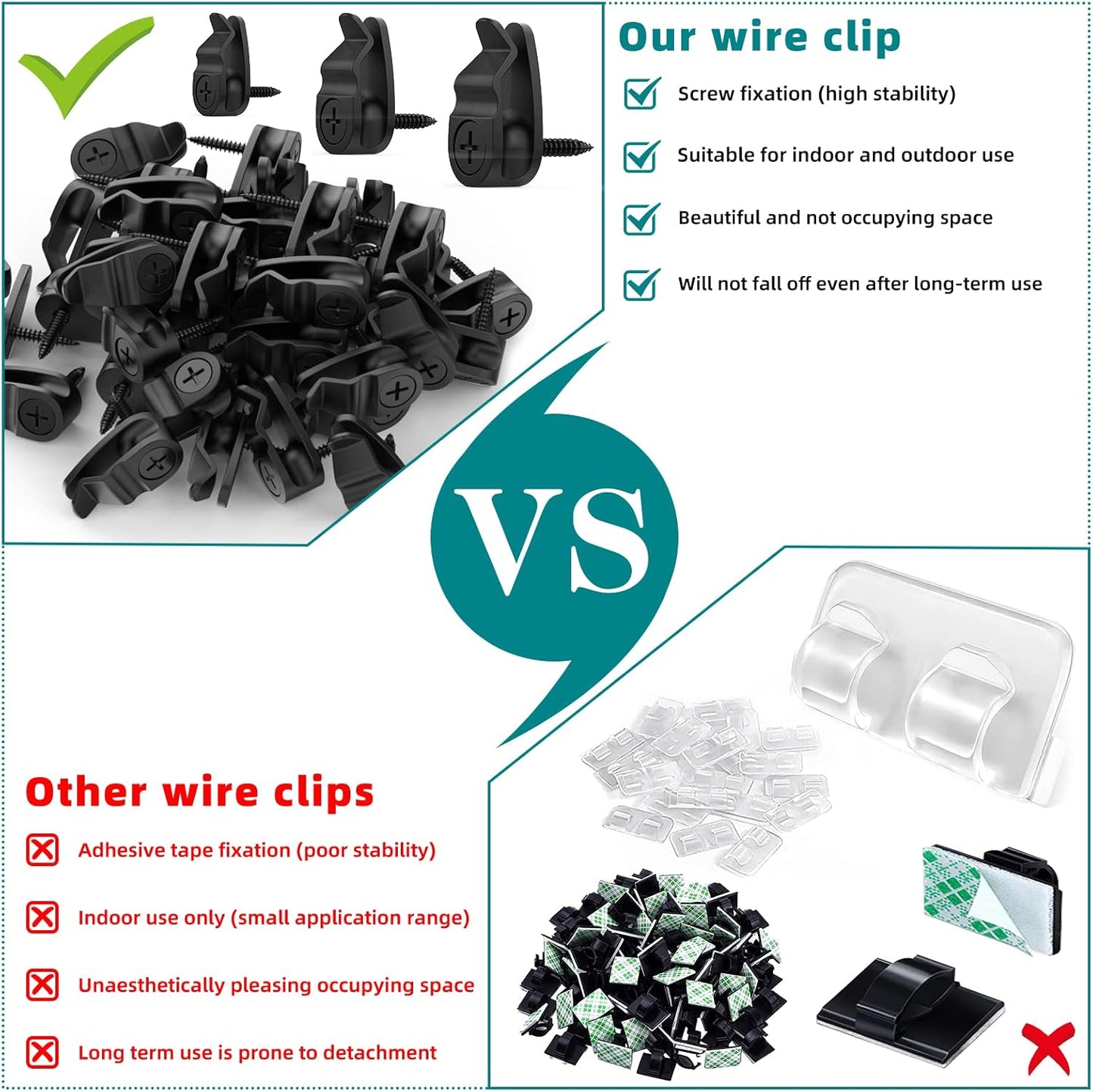 Outdoor String Lights Clips, Weatherproof Cable Hanger Hooks for Hanging Fairy Lights, Holiday Decor - Black, 50 Pack