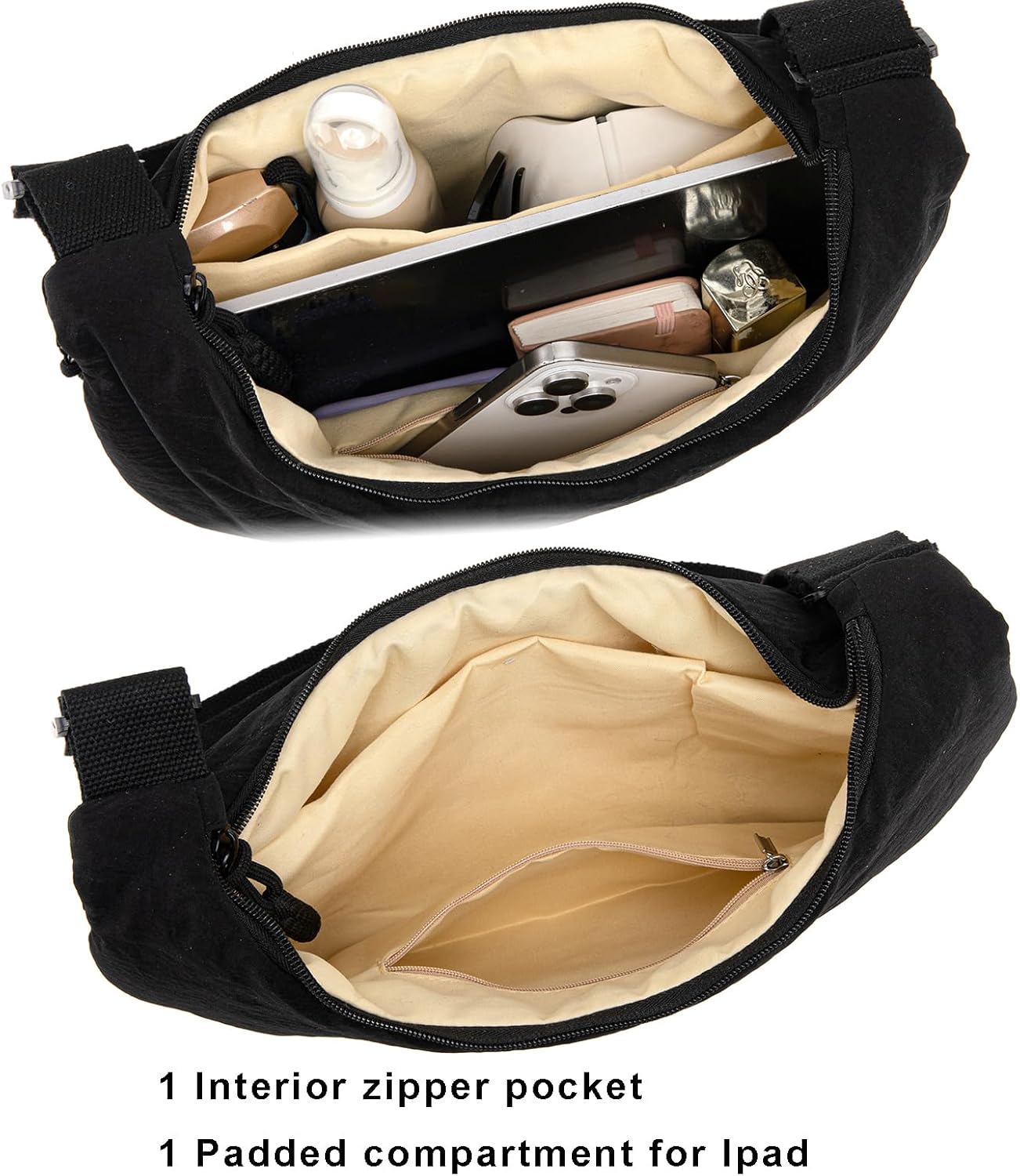 Crescent Bag for Women Men Nylon Crossbody Bags Multi-Pocket Sling Bag Roomy Hobo Bags Moon Bag Slouchy Dumpling Bag