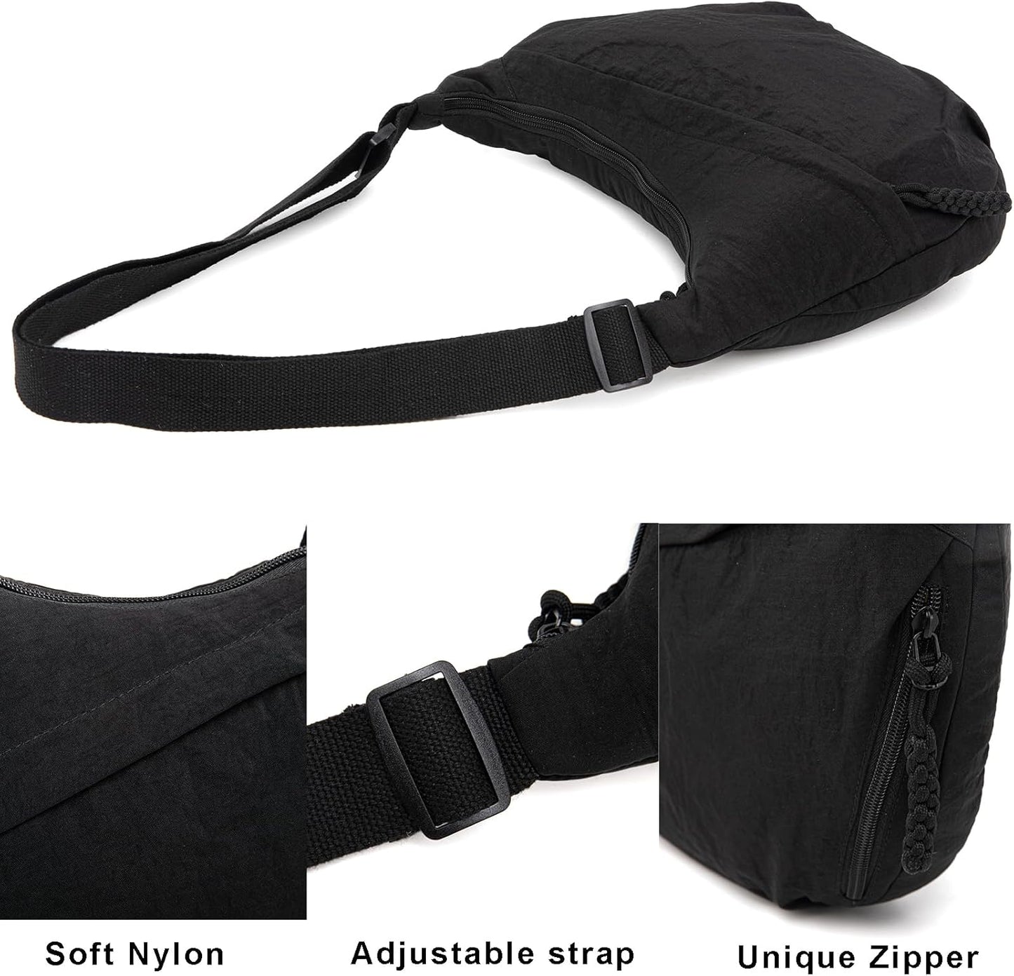 Crescent Bag for Women Men Nylon Crossbody Bags Multi-Pocket Sling Bag Roomy Hobo Bags Moon Bag Slouchy Dumpling Bag