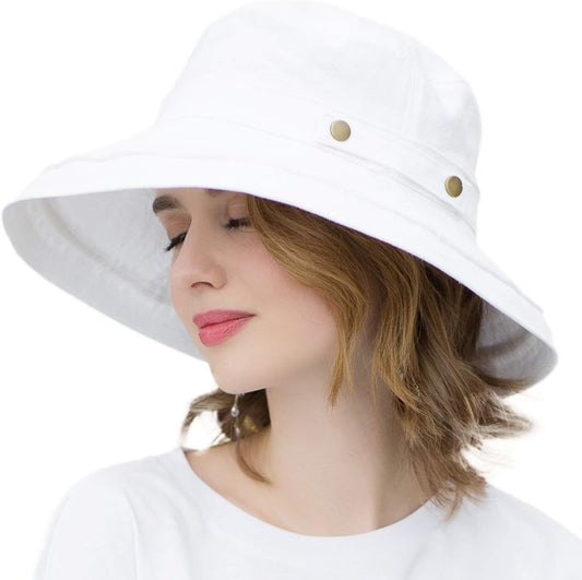 Womens Cotton Wide Brim Sun Hats UPF50 UV Packable Beach Hat Summer Bucket Cap for Travel