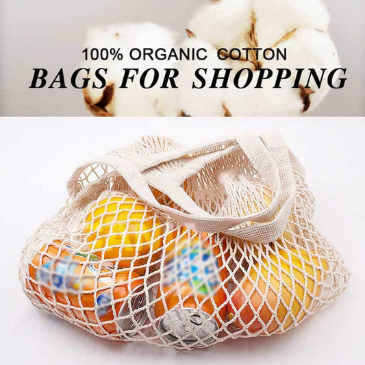 100% Cotton Reusable Mesh Shopping Bags (Long + Short) for Groceries, Vegetables, Fruits, and Beach Essentials in Natural Beige