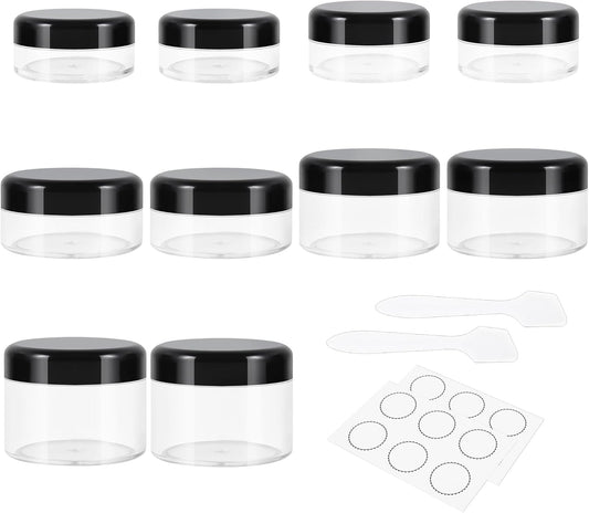 10 Pieces Small Travel Containers, 3/5/10/15/20 Gram Size for Creams, Sample With Screw Lids, 12Pcs Labels/2Pcs Mini Spatulas, Plastic Makeup (Black)