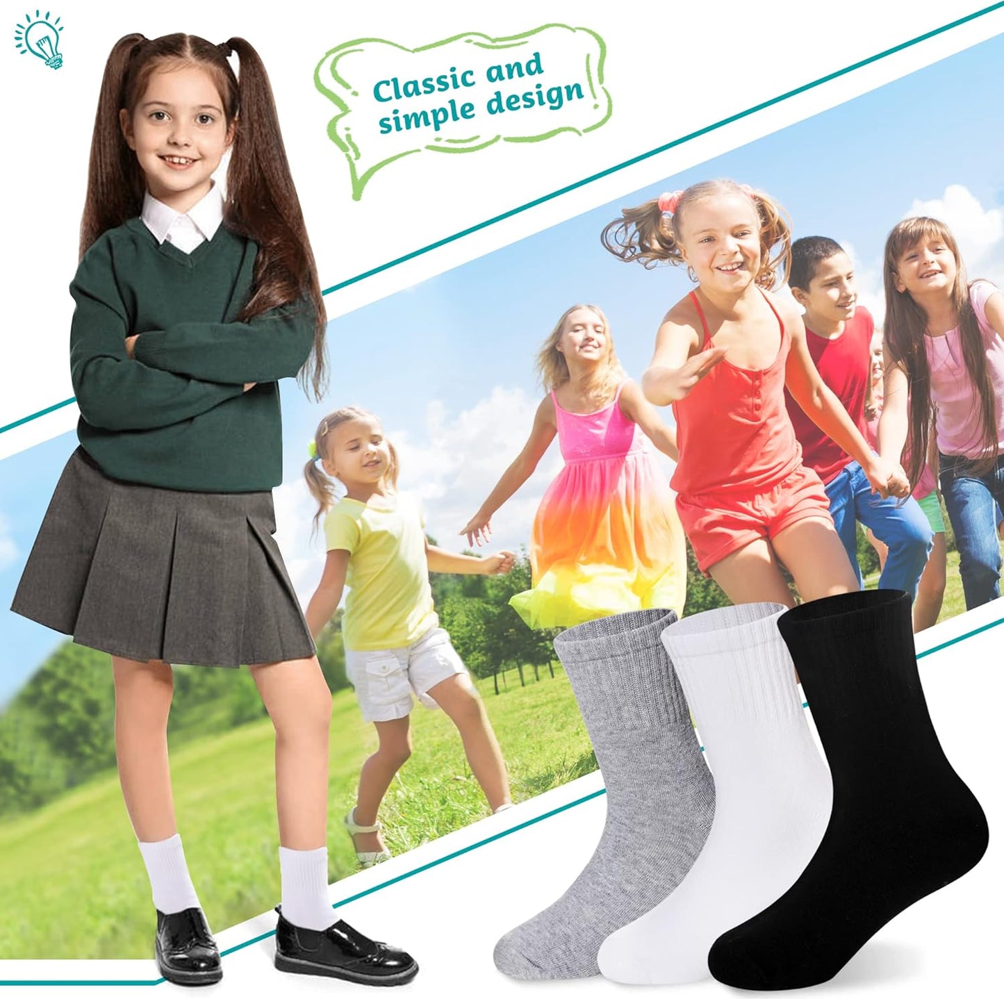 Kids Athletic Crew Socks Boys Girls Cotton School Uniform Casual Basic Socks 6 Pairs
