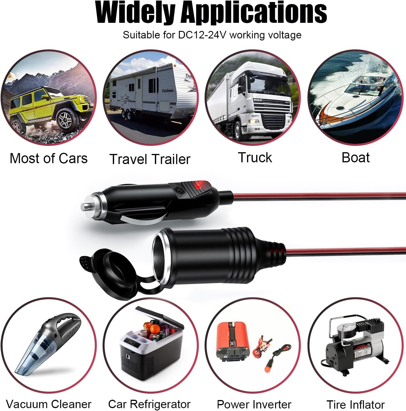 12V/24V 16AWG Heavy Duty Cigarette Lighter Extension Cable 13FT, 156W/15A Male Plug to Female Socket Adapter Extension Cord with LED Lights (Built-in 15A Fuse & 2 * 15A Spare Fuse)