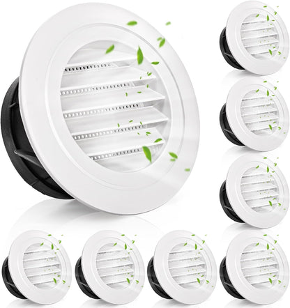 8 Pack Air Vent Round, 4 Inch Air Soffit Vent, ABS Louver Vent Cover with Built-in Fly Screen Mesh, Ceiling Louver Grille Cover for Garage, Bathroom, Kitchen, Office, Home Ventilation
