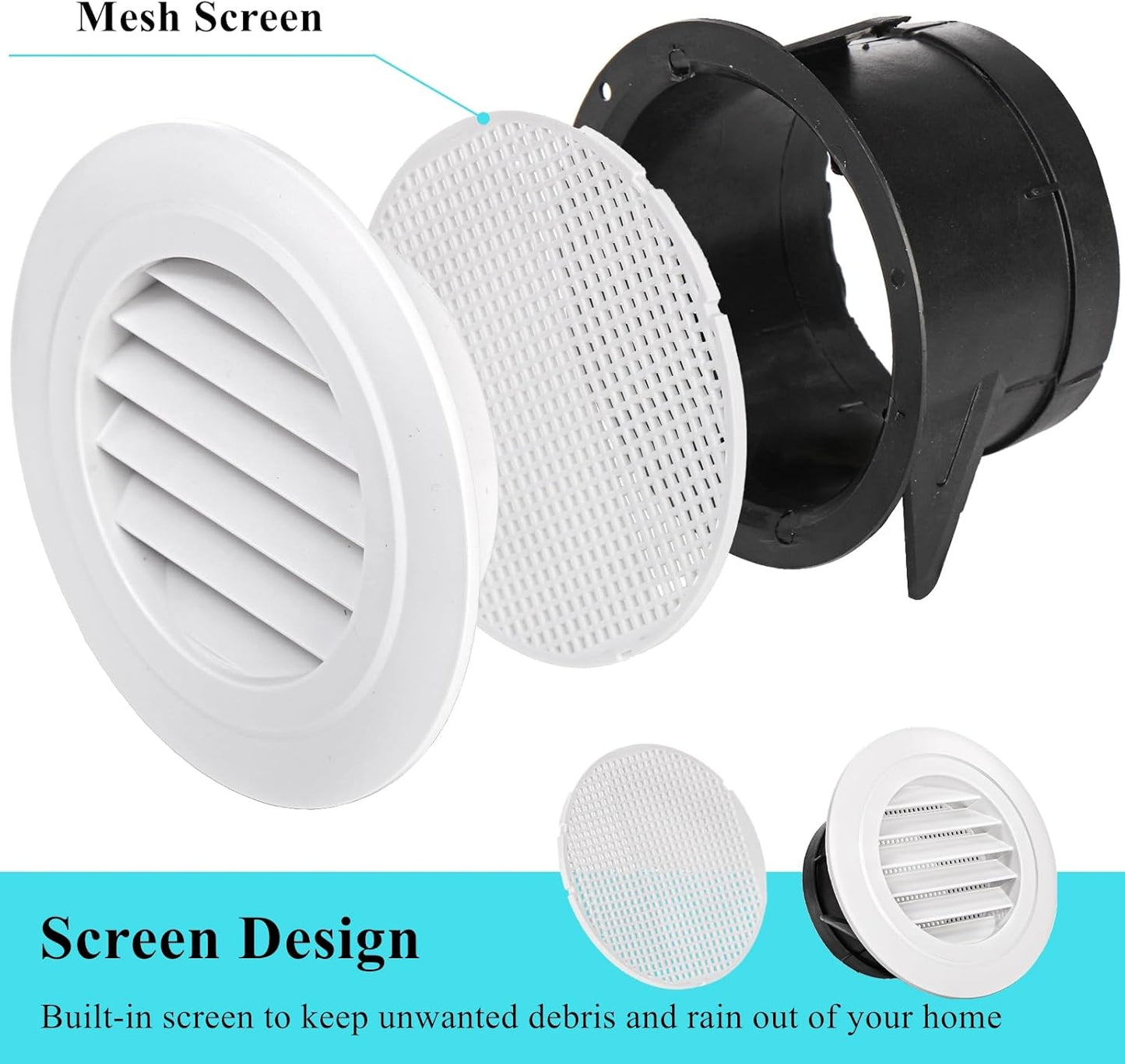 8 Pack Air Vent Round, 4 Inch Air Soffit Vent, ABS Louver Vent Cover with Built-in Fly Screen Mesh, Ceiling Louver Grille Cover for Garage, Bathroom, Kitchen, Office, Home Ventilation
