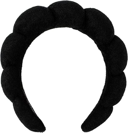 Spa Headband Hair Band for Women - Puffy Sponge Black Headbands for Washing Face Hair Headband for Skincare, Makeup Removal, Shower - Soft Absorbent Terry Towel Cloth Fabric