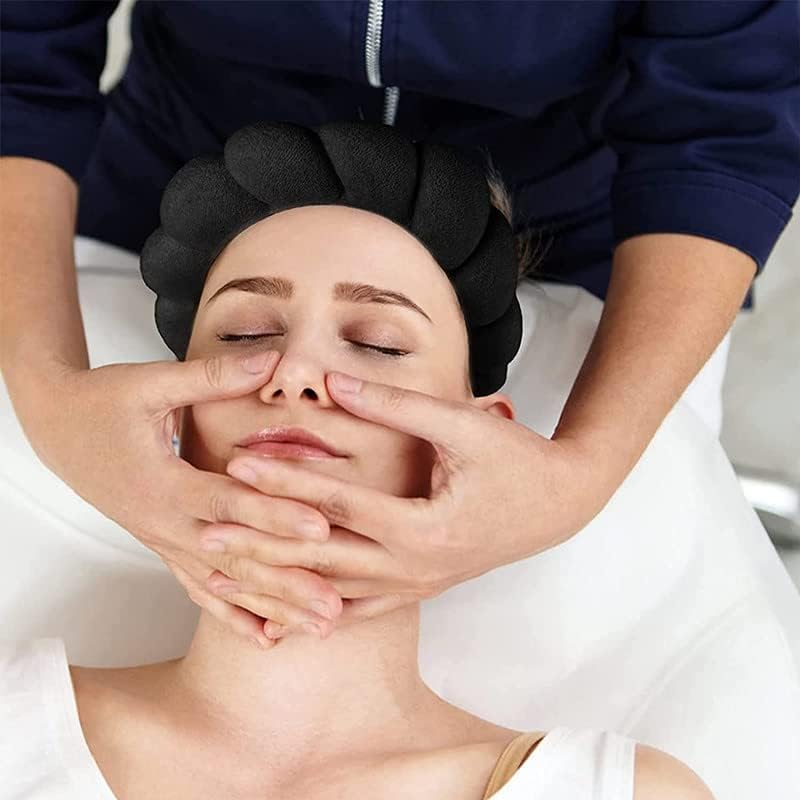 Spa Headband Hair Band for Women - Puffy Sponge Black Headbands for Washing Face Hair Headband for Skincare, Makeup Removal, Shower - Soft Absorbent Terry Towel Cloth Fabric