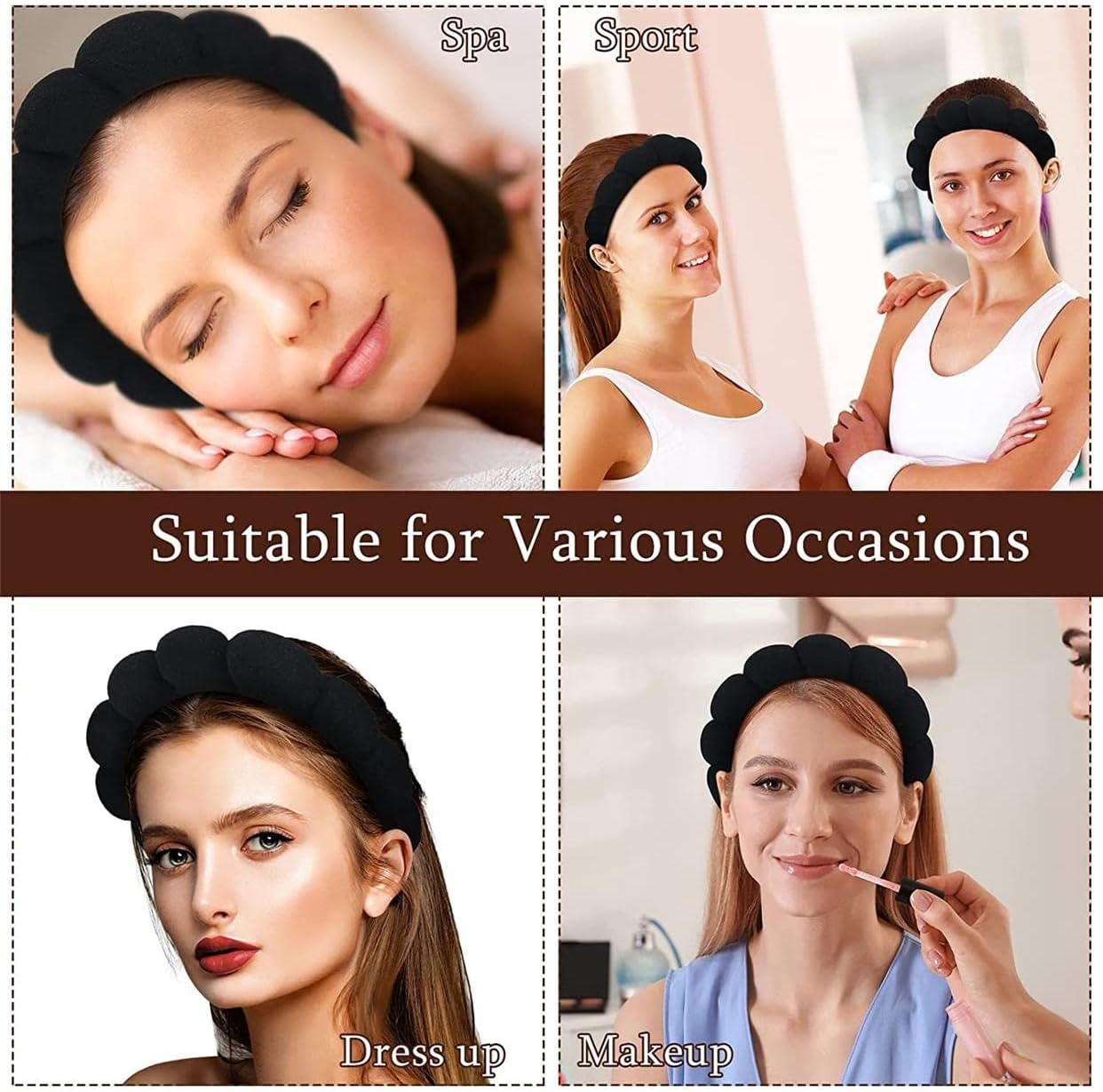 Spa Headband Hair Band for Women - Puffy Sponge Black Headbands for Washing Face Hair Headband for Skincare, Makeup Removal, Shower - Soft Absorbent Terry Towel Cloth Fabric