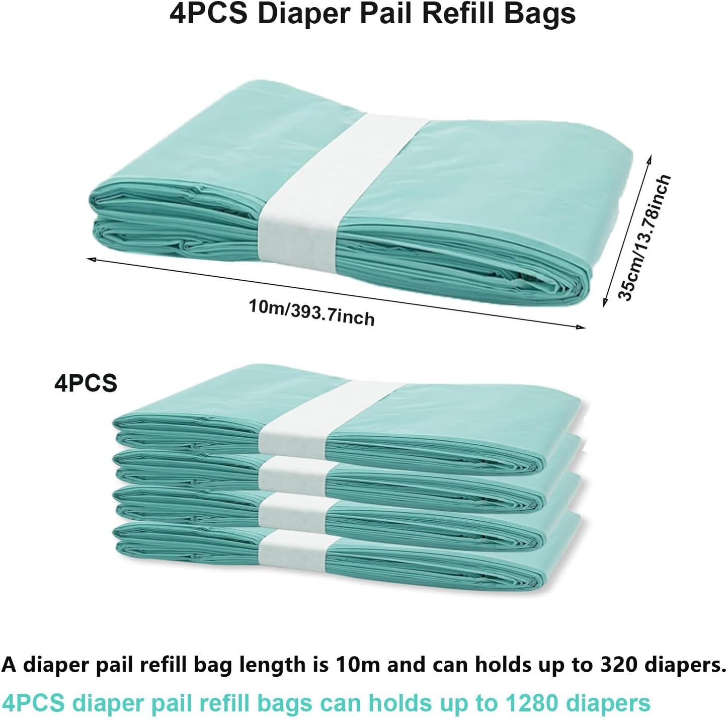 4 Pack Nappy Bin Refill Bags, Compatible with Dekor Classic Diaper Pail Refill Bags, Durable Diaper Pail Refills, Baby Diaper Bin Bag Liner Pails, Holds up to 1280 Diapers (4 Pack)
