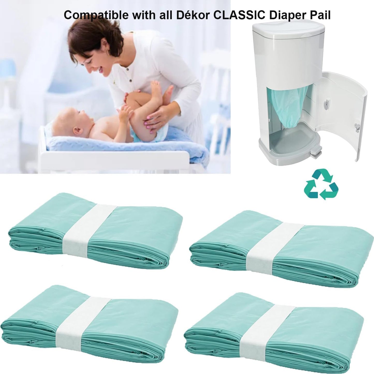 4 Pack Nappy Bin Refill Bags, Compatible with Dekor Classic Diaper Pail Refill Bags, Durable Diaper Pail Refills, Baby Diaper Bin Bag Liner Pails, Holds up to 1280 Diapers (4 Pack)