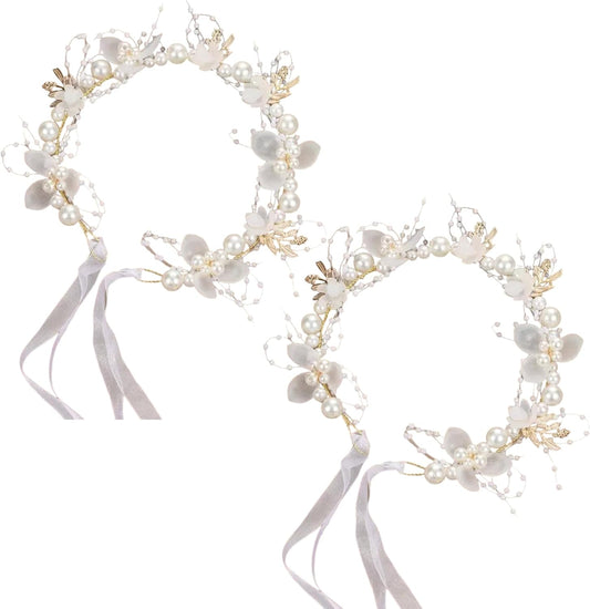 2PCS Flower Girl Headpiece, 15.8 Inch Metal Pearl Headband with Ribbon, Flower Girl Hair Accessory for Birthday, Party, First Communion, Wedding