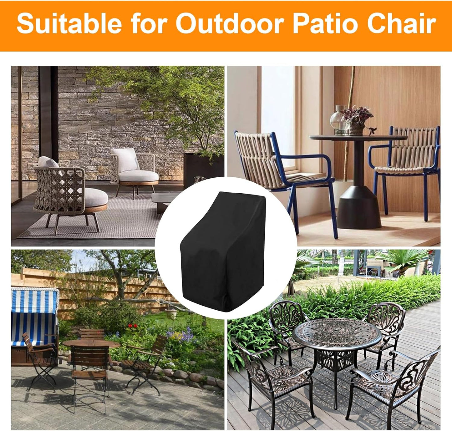 Waterproof Stacking Chair Covers for Outdoor Furniture, All-Weather Heavy-Duty 210D Oxford Fabric, Fits 25"x25"x47" Patio Chairs (Black, 1 PC)