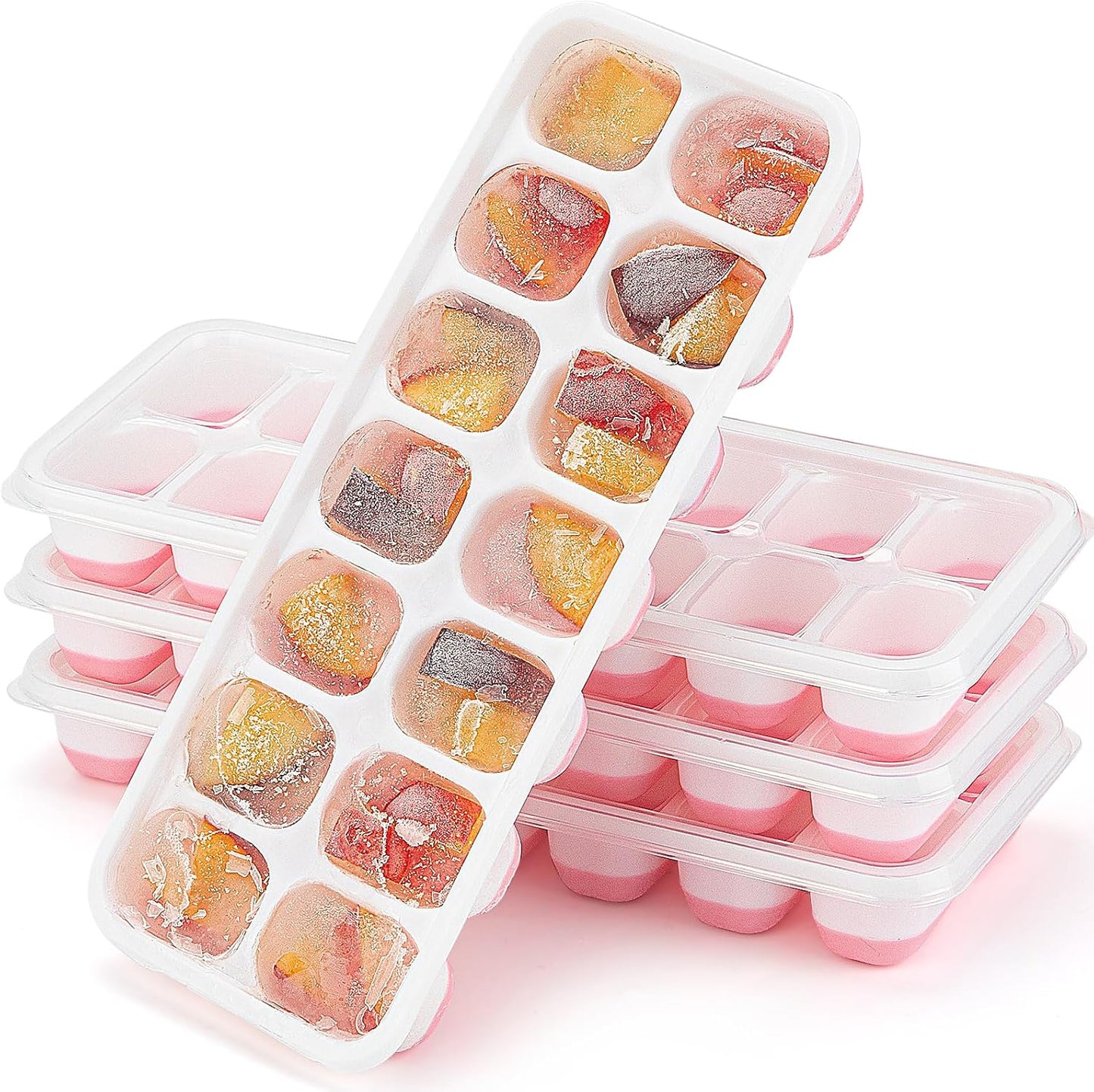 Ice Cube Tray,14 Ice Cube Molds with Lids, 2 Pack Silicone Ice Tray, Stackable Ice Cube Molds for Chilling Drinks, Whiskeys, Cocktails, Easy to Use (Pink)