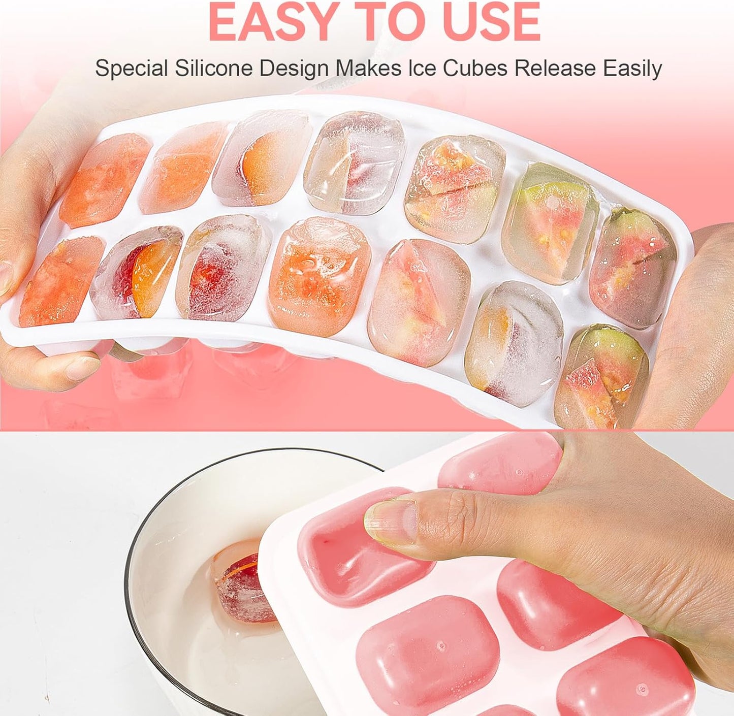 Ice Cube Tray,14 Ice Cube Molds with Lids, 2 Pack Silicone Ice Tray, Stackable Ice Cube Molds for Chilling Drinks, Whiskeys, Cocktails, Easy to Use (Pink)