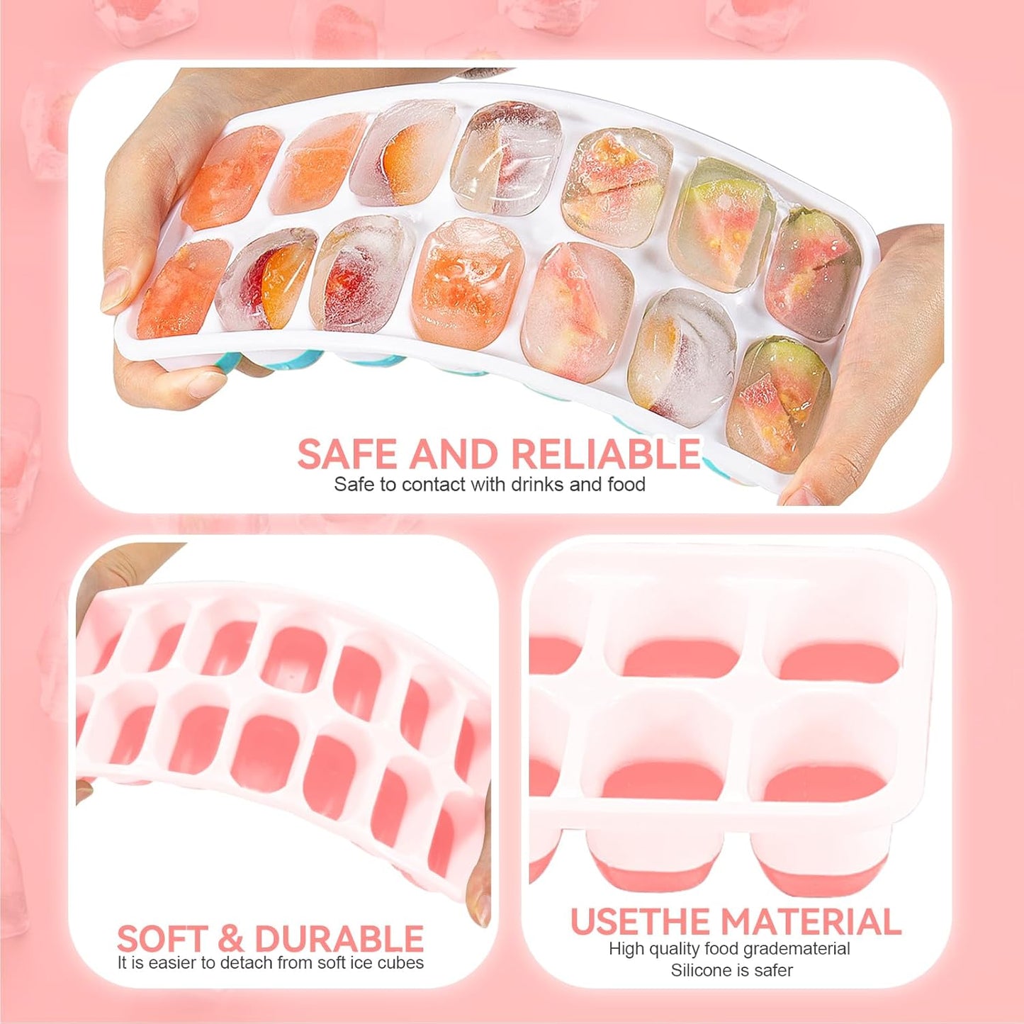 Ice Cube Tray,14 Ice Cube Molds with Lids, 2 Pack Silicone Ice Tray, Stackable Ice Cube Molds for Chilling Drinks, Whiskeys, Cocktails, Easy to Use (Pink)