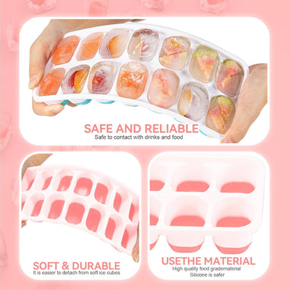 Ice Cube Tray,14 Ice Cube Molds with Lids, 2 Pack Silicone Ice Tray, Stackable Ice Cube Molds for Chilling Drinks, Whiskeys, Cocktails, Easy to Use (Pink)