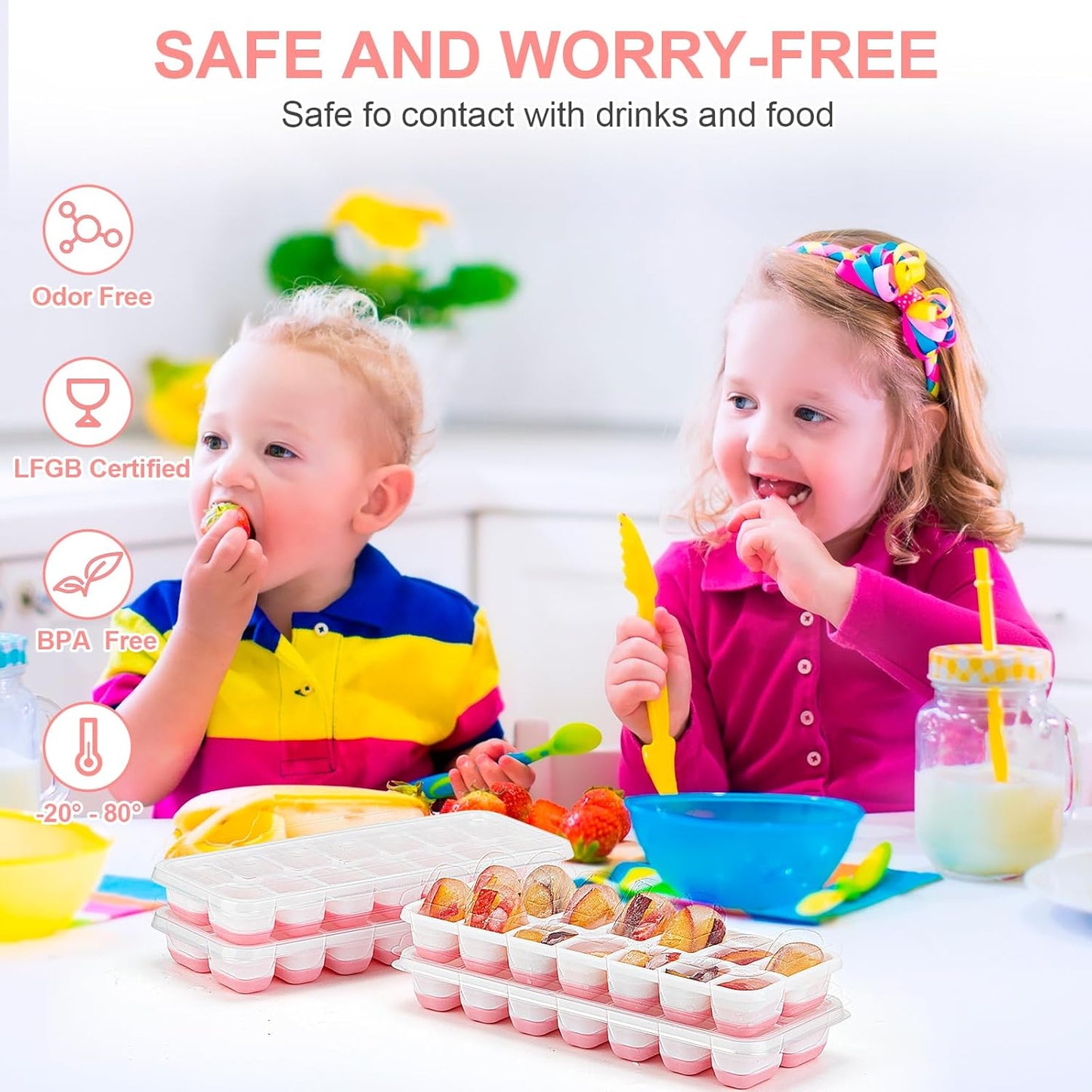 Ice Cube Tray,14 Ice Cube Molds with Lids, 2 Pack Silicone Ice Tray, Stackable Ice Cube Molds for Chilling Drinks, Whiskeys, Cocktails, Easy to Use (Pink)