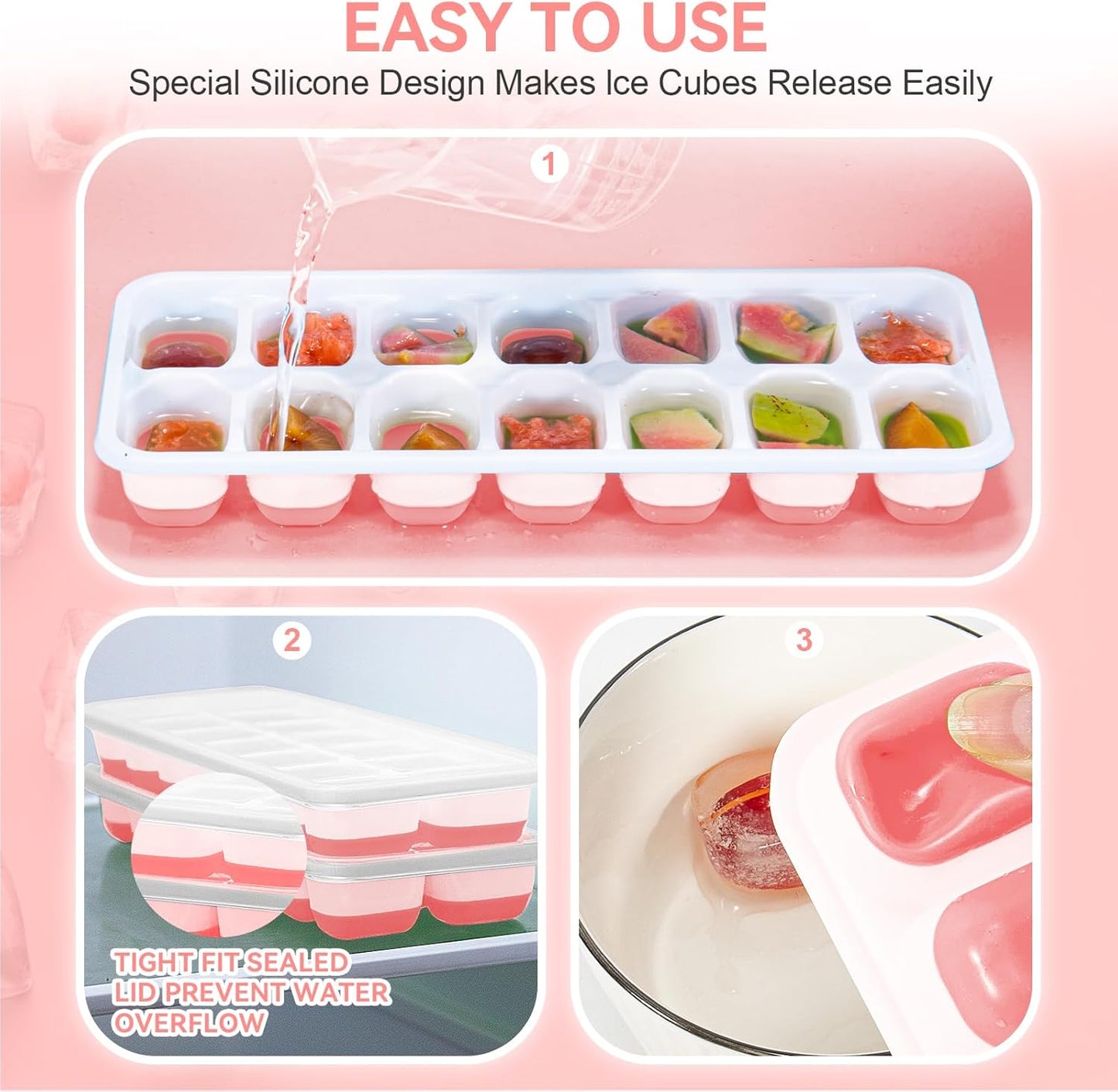 Ice Cube Tray,14 Ice Cube Molds with Lids, 2 Pack Silicone Ice Tray, Stackable Ice Cube Molds for Chilling Drinks, Whiskeys, Cocktails, Easy to Use (Pink)