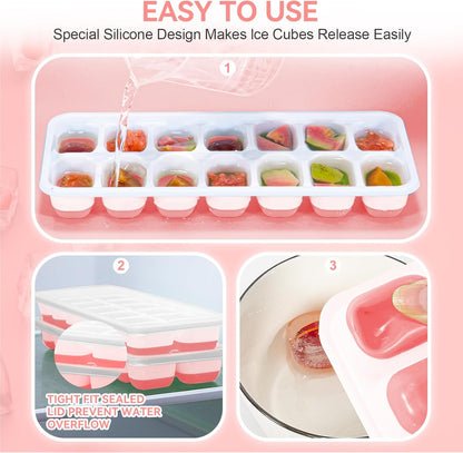 Ice Cube Tray,14 Ice Cube Molds with Lids, 2 Pack Silicone Ice Tray, Stackable Ice Cube Molds for Chilling Drinks, Whiskeys, Cocktails, Easy to Use (Pink)