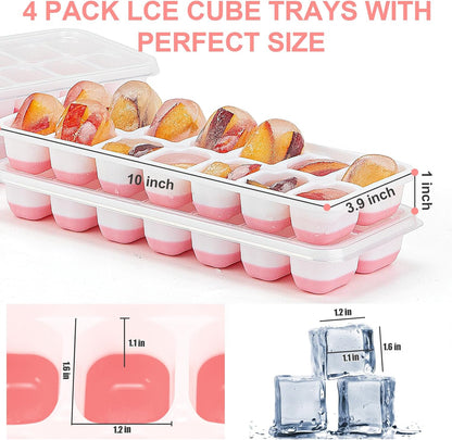 Ice Cube Tray,14 Ice Cube Molds with Lids, 2 Pack Silicone Ice Tray, Stackable Ice Cube Molds for Chilling Drinks, Whiskeys, Cocktails, Easy to Use (Pink)