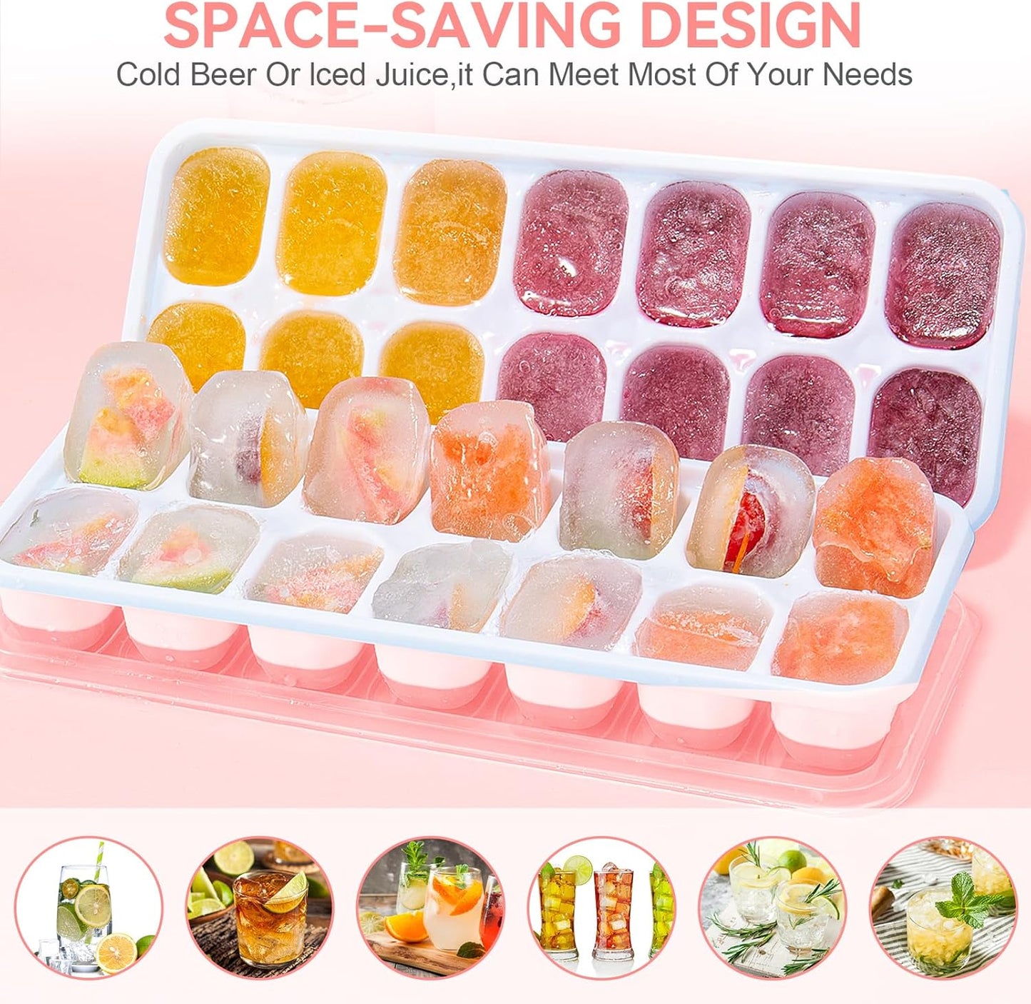 Ice Cube Tray,14 Ice Cube Molds with Lids, 2 Pack Silicone Ice Tray, Stackable Ice Cube Molds for Chilling Drinks, Whiskeys, Cocktails, Easy to Use (Pink)