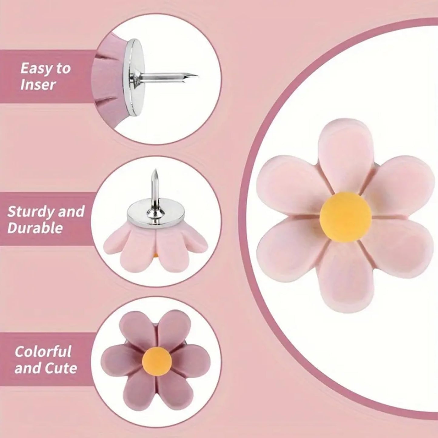 20 PCS Flower Push Pins, Thumb Tacks for Bulletin Board, Cork Board Thumbtacks, Flower Tacks for Map Cork Board Photo Display Office Home (Pink)