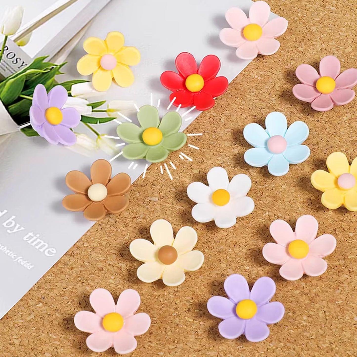 20 PCS Flower Push Pins, Thumb Tacks for Bulletin Board, Cork Board Thumbtacks, Flower Tacks for Map Cork Board Photo Display Office Home (Pink)