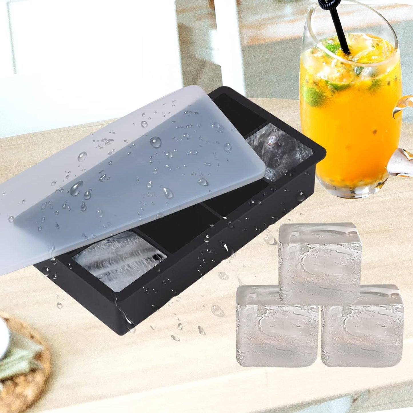 Premium Large Ice Cube Tray - Big 2-Inch Square Silicone Ice Cube Molds with Removable Lids - Food Grade, Reusable, BPA Free - Ideal for Cocktails, Whiskey, Fruit Juices and More (1-Pack)