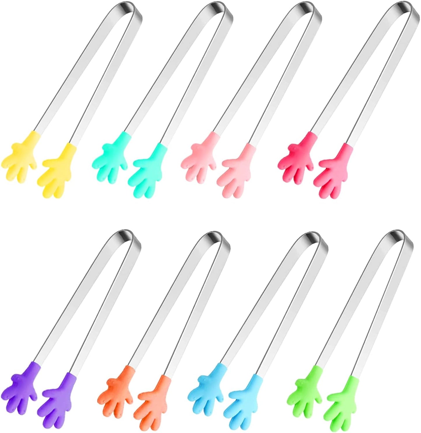 8PCS Silicone Mini Tongs, 5Inch Hand Shape Food Tongs, Colourful Small Kids Tongs for Serving Food, Ice Cube, Fruits, Sugar, Barbecue by