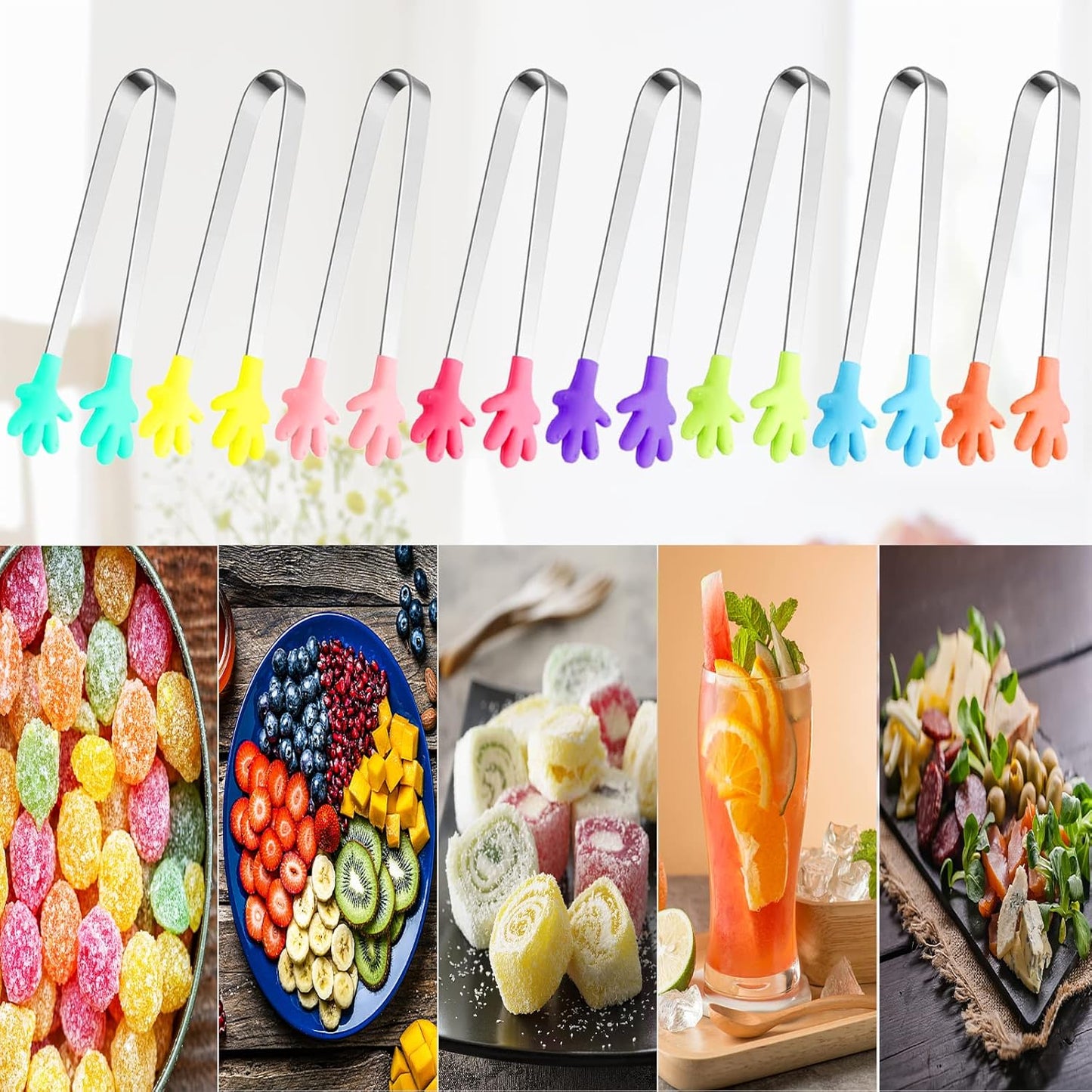 8PCS Silicone Mini Tongs, 5Inch Hand Shape Food Tongs, Colourful Small Kids Tongs for Serving Food, Ice Cube, Fruits, Sugar, Barbecue by