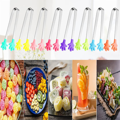 8PCS Silicone Mini Tongs, 5Inch Hand Shape Food Tongs, Colourful Small Kids Tongs for Serving Food, Ice Cube, Fruits, Sugar, Barbecue by