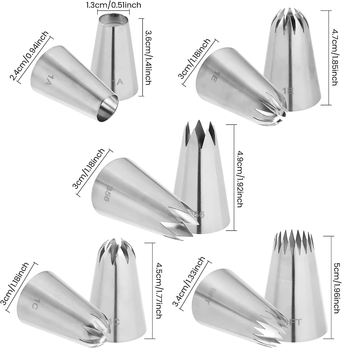 Large Icing Piping Tips Set 5PCS - Extra Large Icing Tips, Star Pastry Tips, French Star Tube, Plain Tube