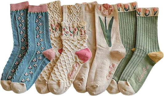Casual Vintage Floral Cotton Socks for Women 4 Pairs Cute Ruffle Slouch Socks 5-9 for Teen Grils Above Ankle Athletic Socks