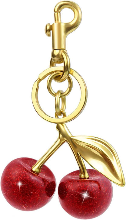 18K Gold Plated Cherry Keychain, Cherry Purse Charm, 1 Pack 18k Gold Plated Cherry, 4.9" X 2.5" X 1.3"