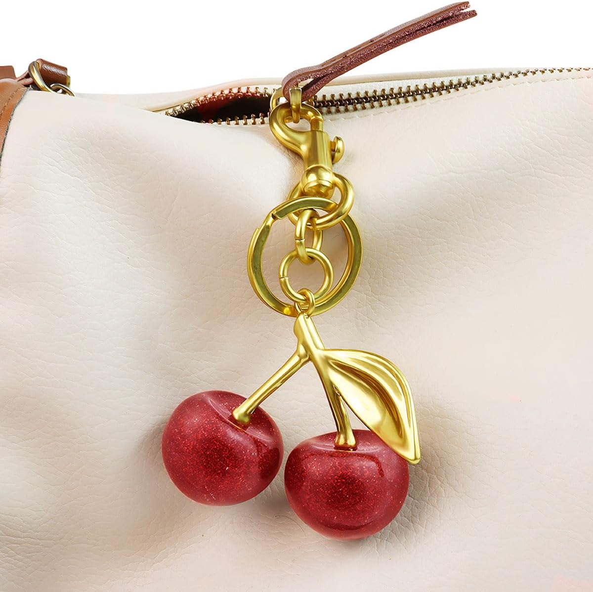 18K Gold Plated Cherry Keychain, Cherry Purse Charm, 1 Pack 18k Gold Plated Cherry, 4.9" X 2.5" X 1.3"