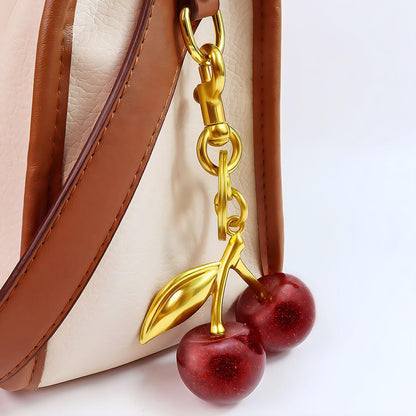 18K Gold Plated Cherry Keychain, Cherry Purse Charm, 1 Pack 18k Gold Plated Cherry, 4.9" X 2.5" X 1.3"